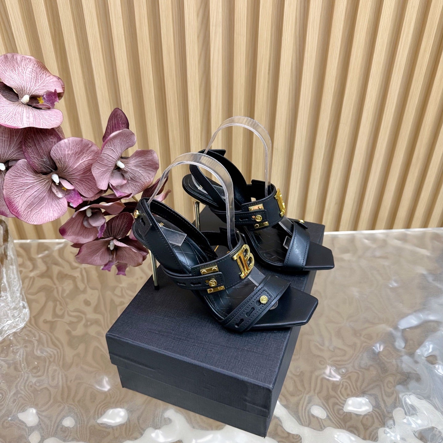 BALMAIN 25S RHINESTONE STILETTO SANDALS 95MM IN BLACK CALFSKIN