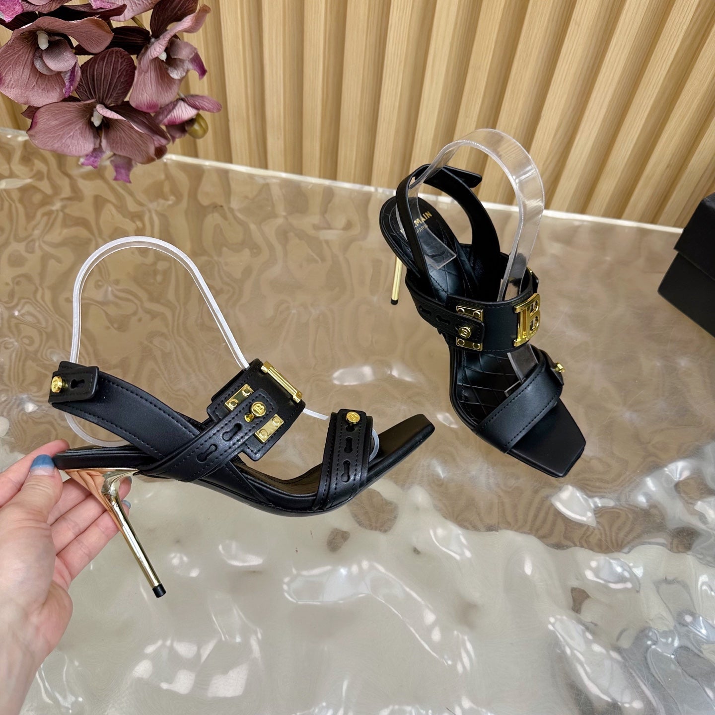 BALMAIN 25S RHINESTONE STILETTO SANDALS 95MM IN BLACK CALFSKIN