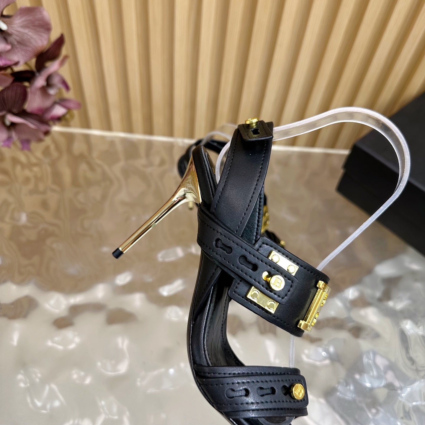 BALMAIN 25S RHINESTONE STILETTO SANDALS 95MM IN BLACK CALFSKIN