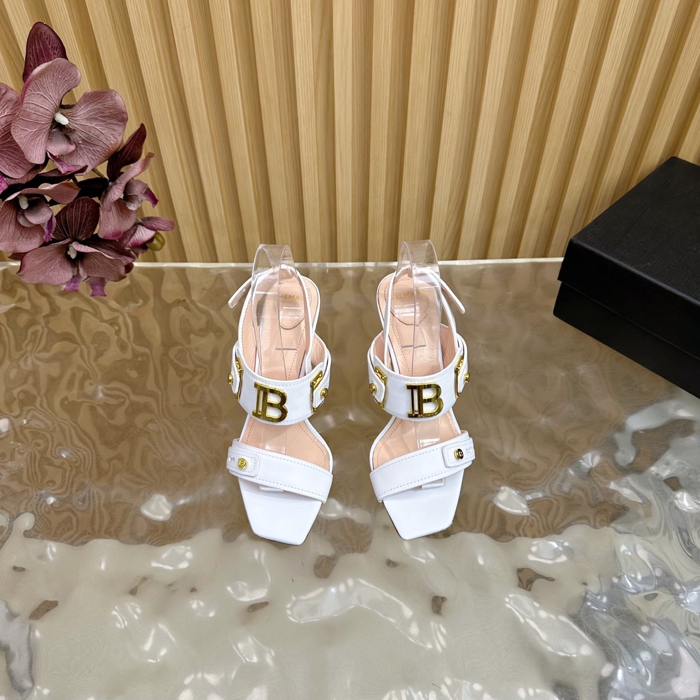 BALMAIN 25S RHINESTONE STILETTO SANDALS 95MM IN WHITE CALFSKIN