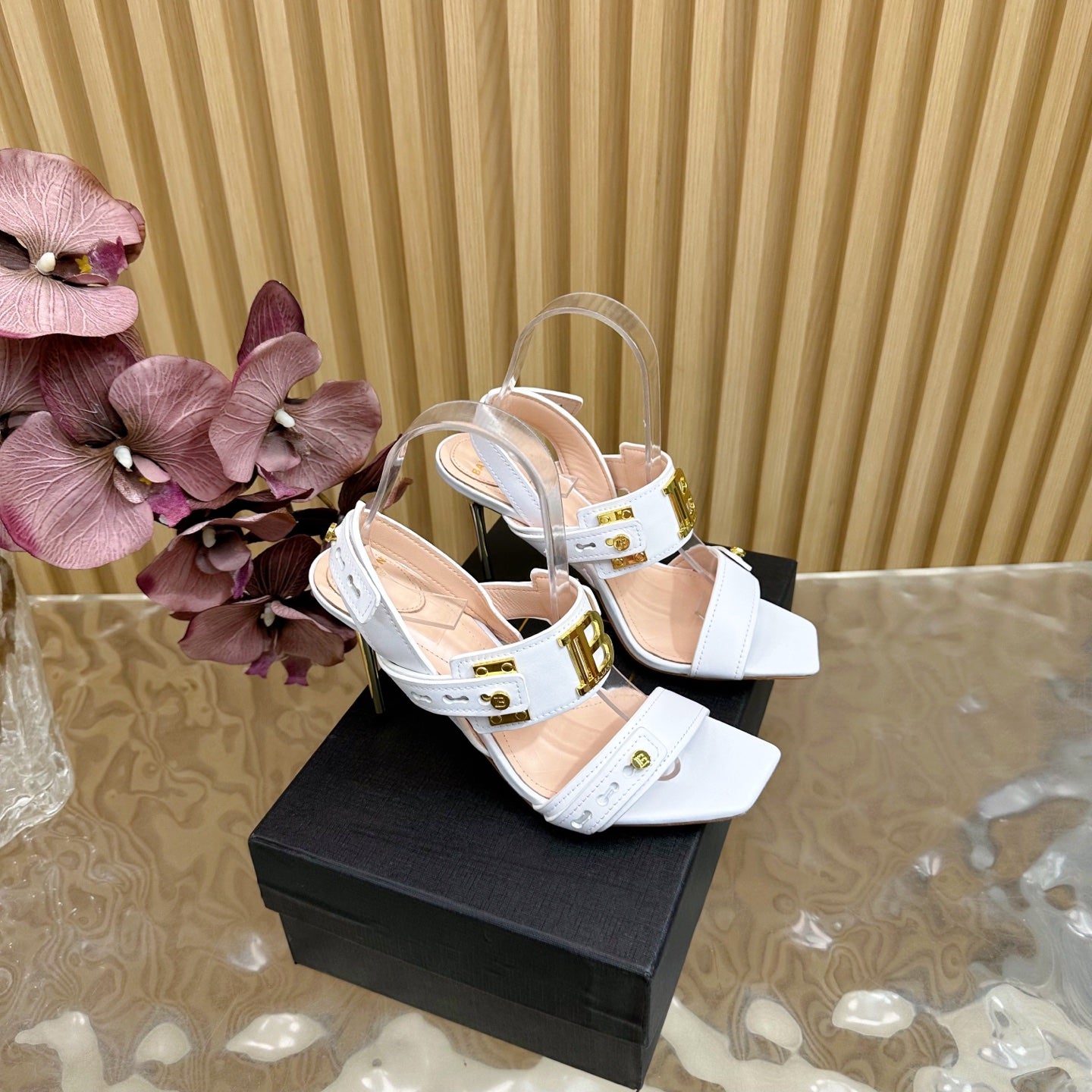 BALMAIN 25S RHINESTONE STILETTO SANDALS 95MM IN WHITE CALFSKIN