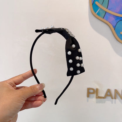 HEADBAND WITH BOW IN BLACK COTTON ATTACHED PEARLS 406039