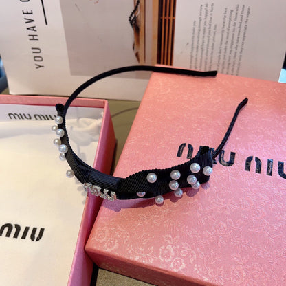 HEADBAND WITH BOW IN BLACK COTTON ATTACHED PEARLS 406039