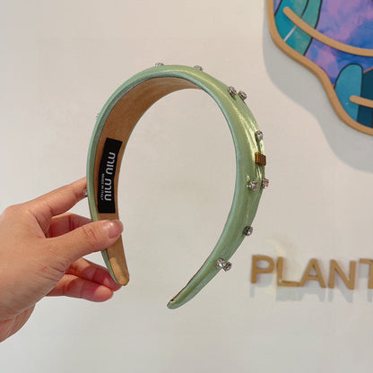 THICK HEADBAND IN JADE GREEN SILK ATTACHED DIAMONDS 406043