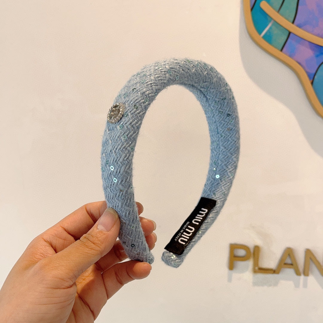 THICK HEADBAND IN SKY BLUE TWEED EMBELLISHED SEQUINS 406044