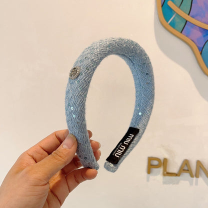 THICK HEADBAND IN SKY BLUE TWEED EMBELLISHED SEQUINS 406044