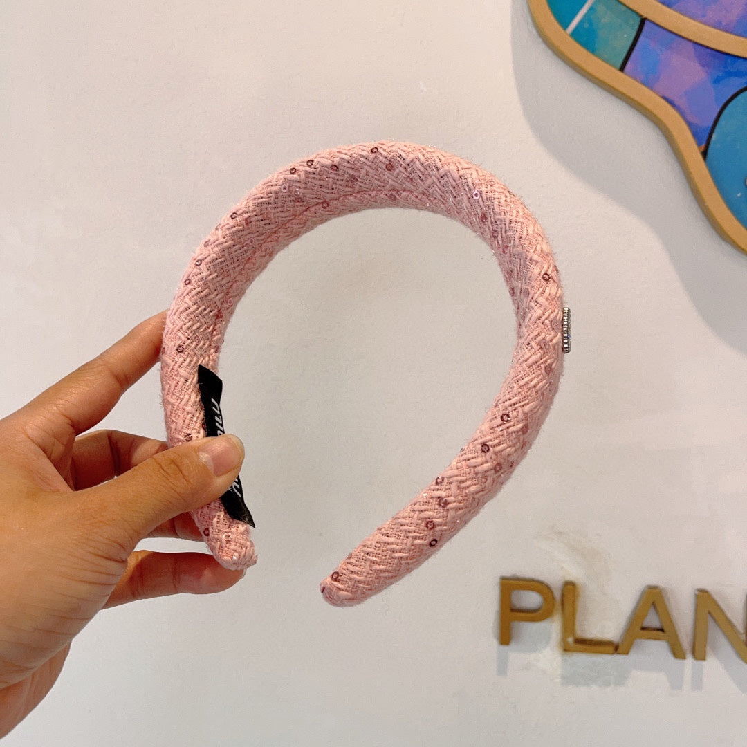 THICK HEADBAND IN PINK TWEED EMBELLISHED SEQUINS 406045