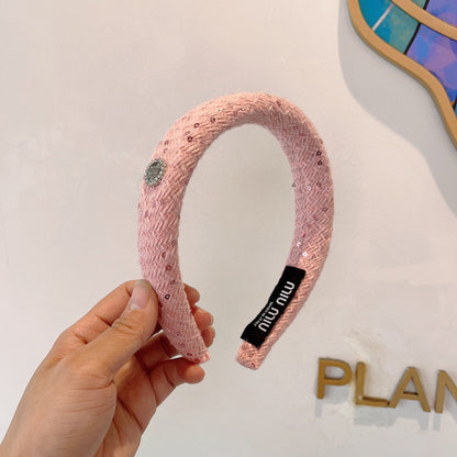 THICK HEADBAND IN PINK TWEED EMBELLISHED SEQUINS 406045