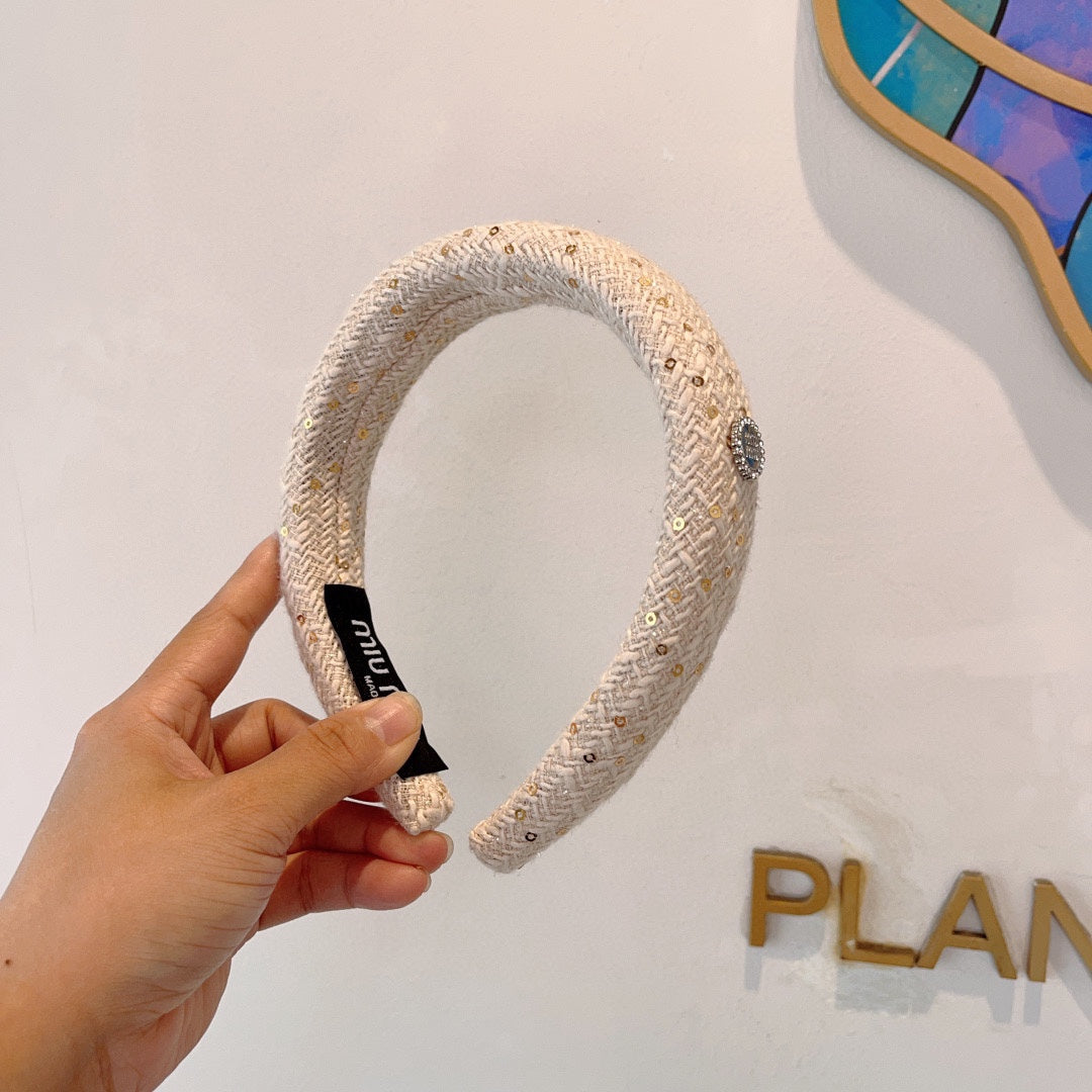 THICK HEADBAND IN WHITE TWEED EMBELLISHED SEQUINS 406046
