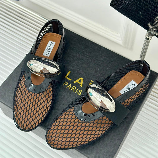 ALAIA MARY JANE SHOES IN BLACK MESH WITH SILVER HARDWARE