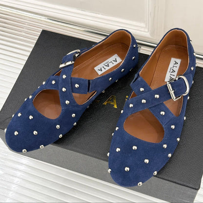 CROSSED STRAP BALLET FLATS IN NAVY BLUE SUEDE