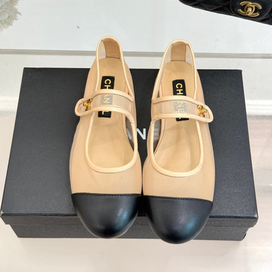 FLAT SHOES IN BEIGE MESH AND BLACK LAMBSKIN