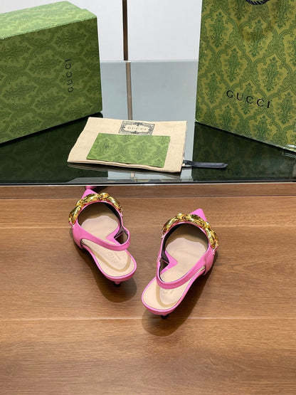 GG MID-HEELED SLINGBACK 4.5 CM IN FUSICA PINK GLOSSY CALFSKIN WITH GOLD HARDWARE