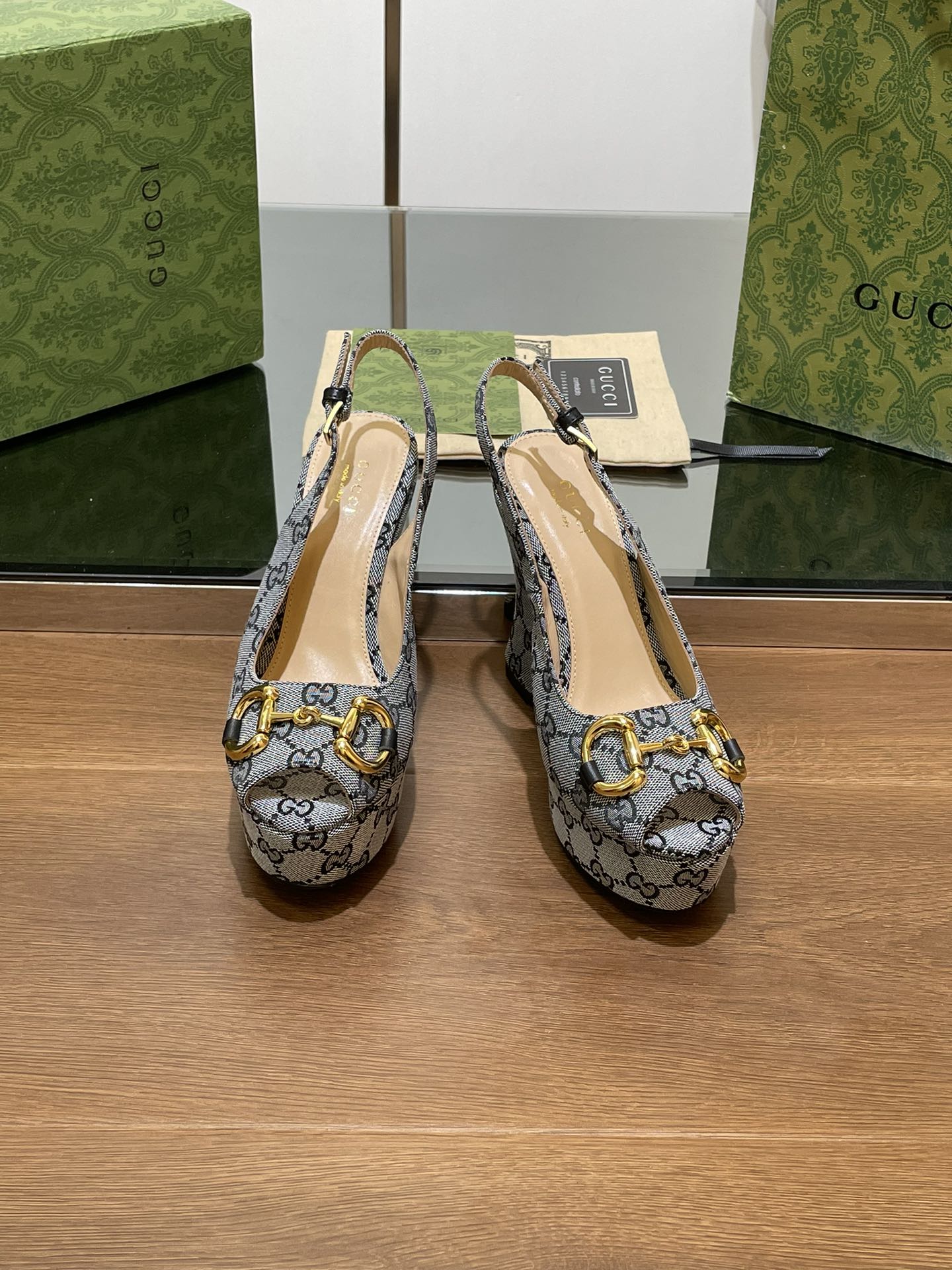 GG WEDGE PLATFORM IN STEEL GREY MONOGRAM JACQUARD FABRIC