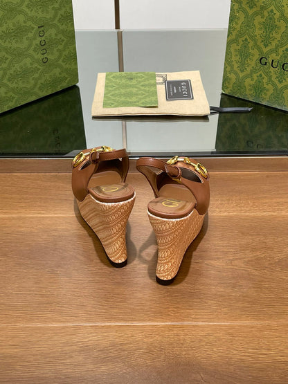 GG WEDGE PLATFORM IN CHOCOLATE BROWN CALFSKIN WITH GOLD HARDWARE