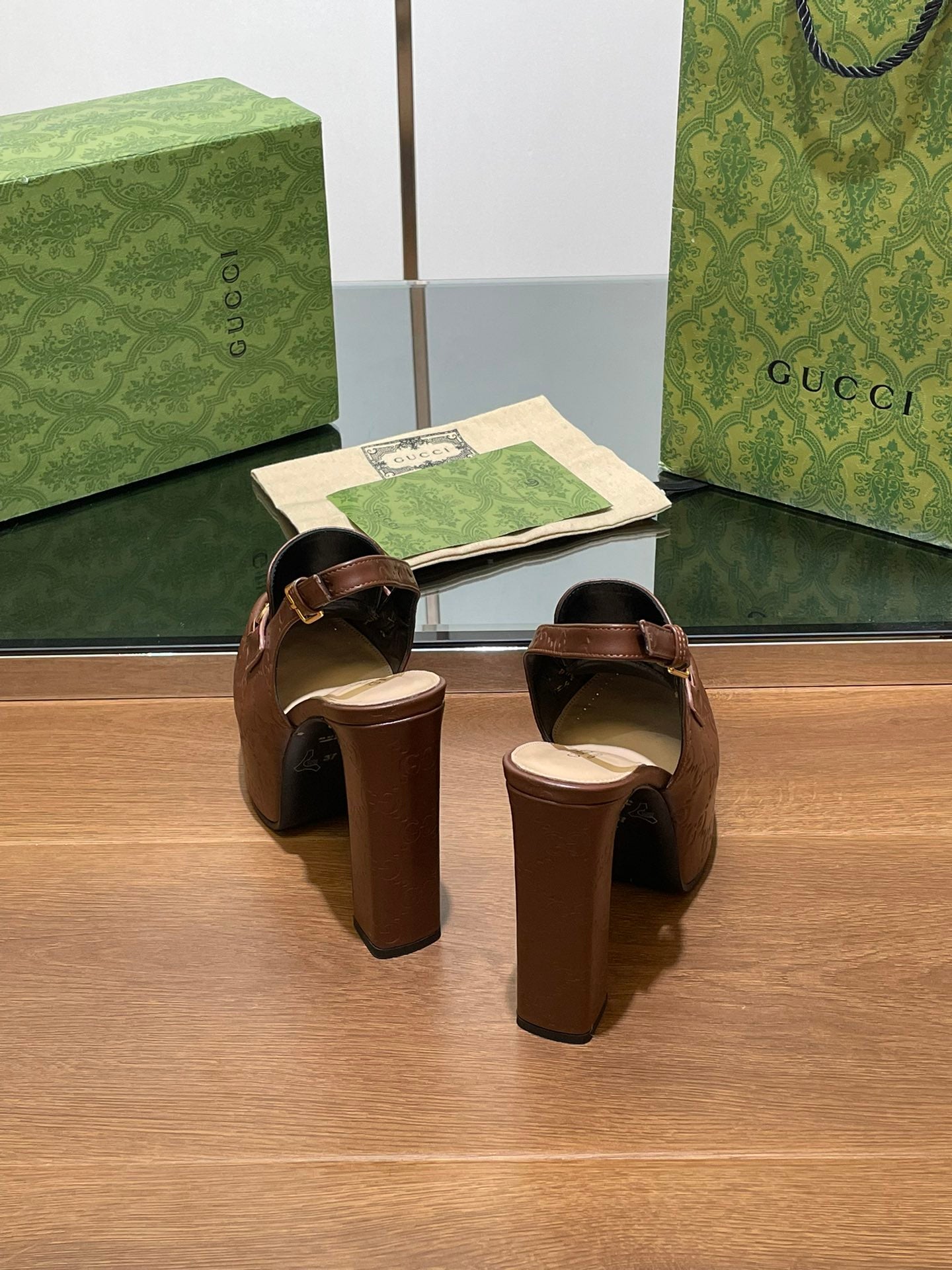 GG WOMEN'S HORSEBIT PLATFORM LOAFER SLINGBACK IN DARK BROWN EMBOSSED CALFSKIN