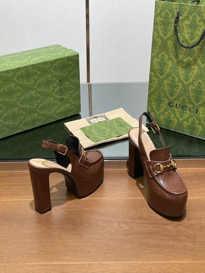 GG WOMEN'S HORSEBIT PLATFORM LOAFER SLINGBACK IN DARK BROWN EMBOSSED CALFSKIN