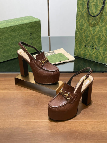 GG WOMEN'S HORSEBIT PLATFORM LOAFER SLINGBACK IN DARK BROWN EMBOSSED CALFSKIN