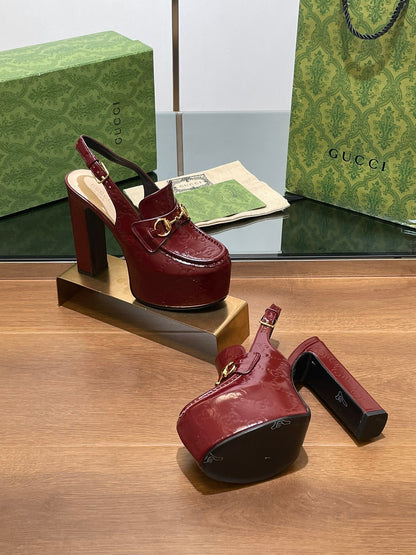 GG WOMEN'S HORSEBIT PLATFORM LOAFER SLINGBACK IN  ROSSO ANCORA RED CALFSKIN