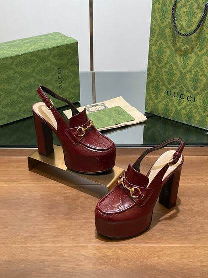 GG WOMEN'S HORSEBIT PLATFORM LOAFER SLINGBACK IN  ROSSO ANCORA RED CALFSKIN