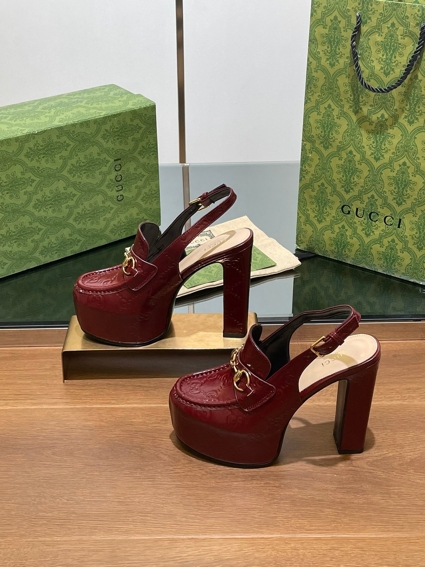 GG WOMEN'S HORSEBIT PLATFORM LOAFER SLINGBACK IN  ROSSO ANCORA RED CALFSKIN