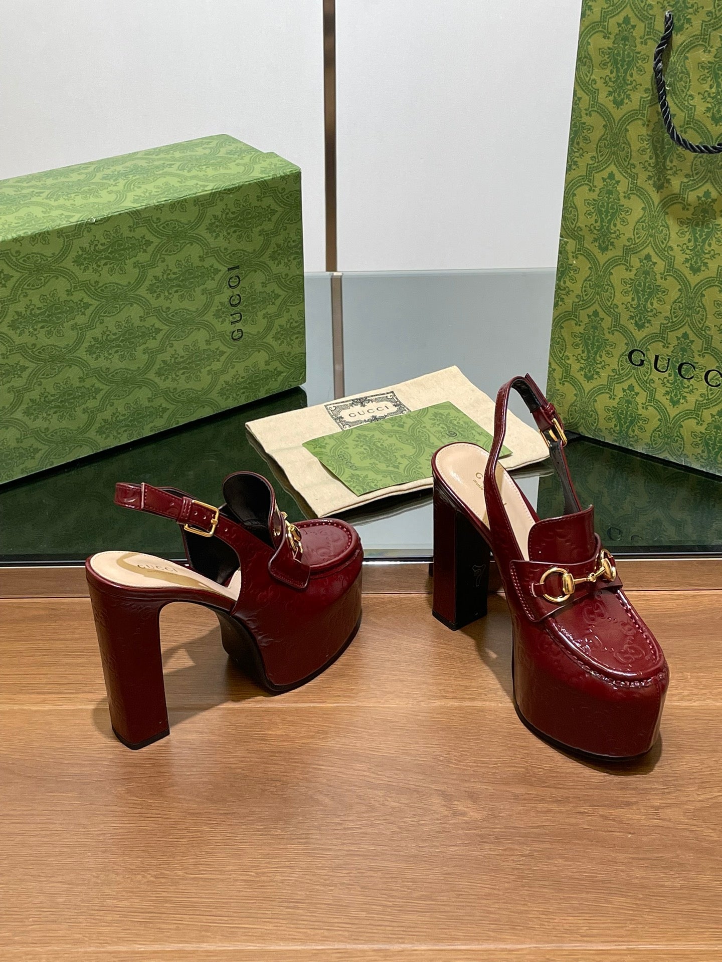 GG WOMEN'S HORSEBIT PLATFORM LOAFER SLINGBACK IN  ROSSO ANCORA RED CALFSKIN