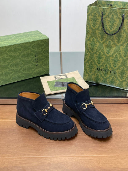 GG WOMEN'S HORSEBIT ANKLE BOOTS 4.5CM IN NAVY BLUE SUEDE