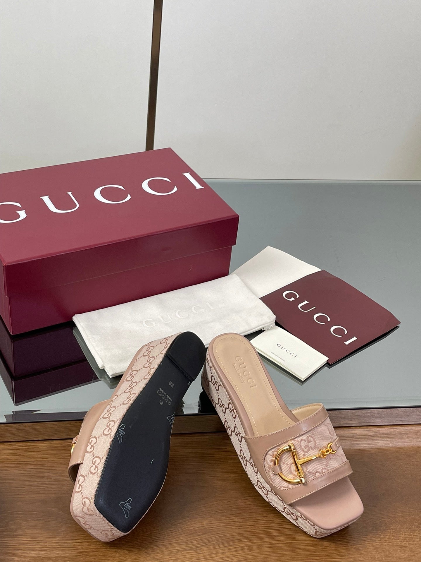 HIGH 6.3 CM WEDGE SANDALS IN DUSTY PINK CALFSKIN AND FABRIC