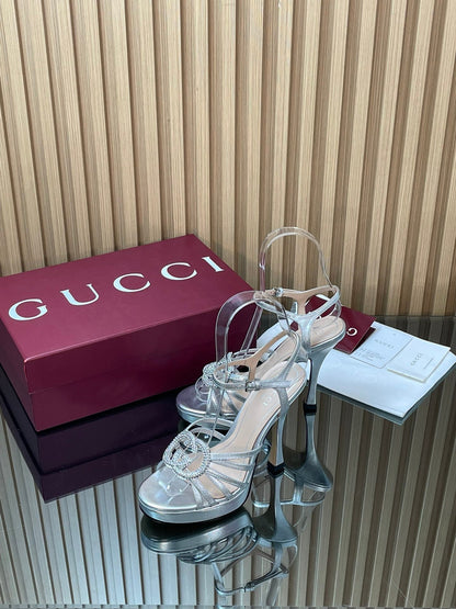 GUCCI 26S HIGH-HEELED SANDALS 125 MM IN SILVER CALFSKIN