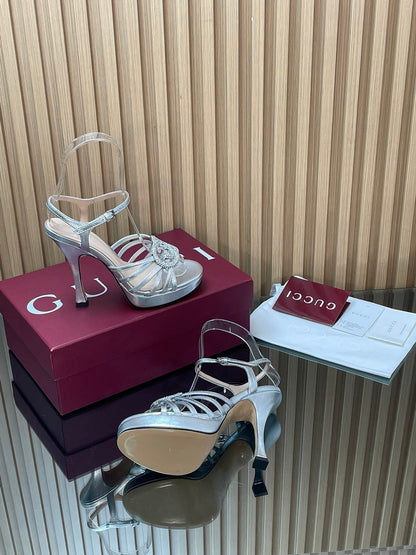 GUCCI 26S HIGH-HEELED SANDALS 125 MM IN SILVER CALFSKIN