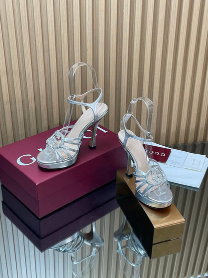 GUCCI 26S HIGH-HEELED SANDALS 125 MM IN SILVER CALFSKIN