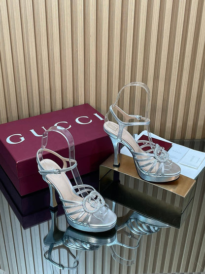GUCCI 26S HIGH-HEELED SANDALS 125 MM IN SILVER CALFSKIN