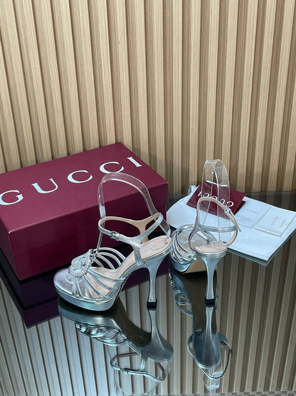 GUCCI 26S HIGH-HEELED SANDALS 125 MM IN SILVER CALFSKIN