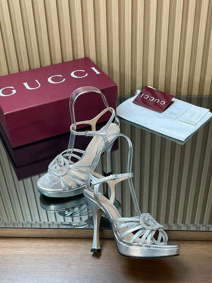 GUCCI 26S HIGH-HEELED SANDALS 125 MM IN SILVER CALFSKIN