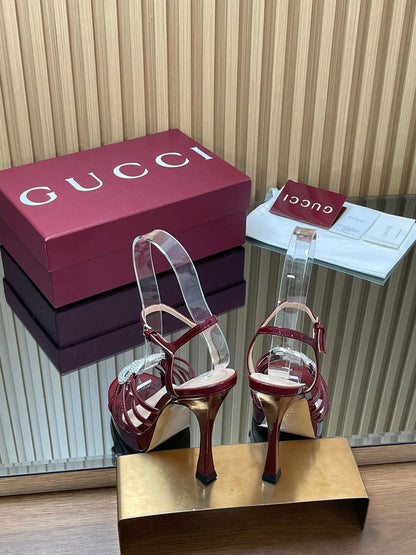 GUCCI 26S HIGH-HEELED SANDALS 125 MM IN DARK RED CALFSKIN