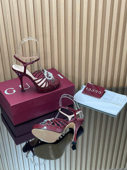 GUCCI 26S HIGH-HEELED SANDALS 125 MM IN DARK RED CALFSKIN