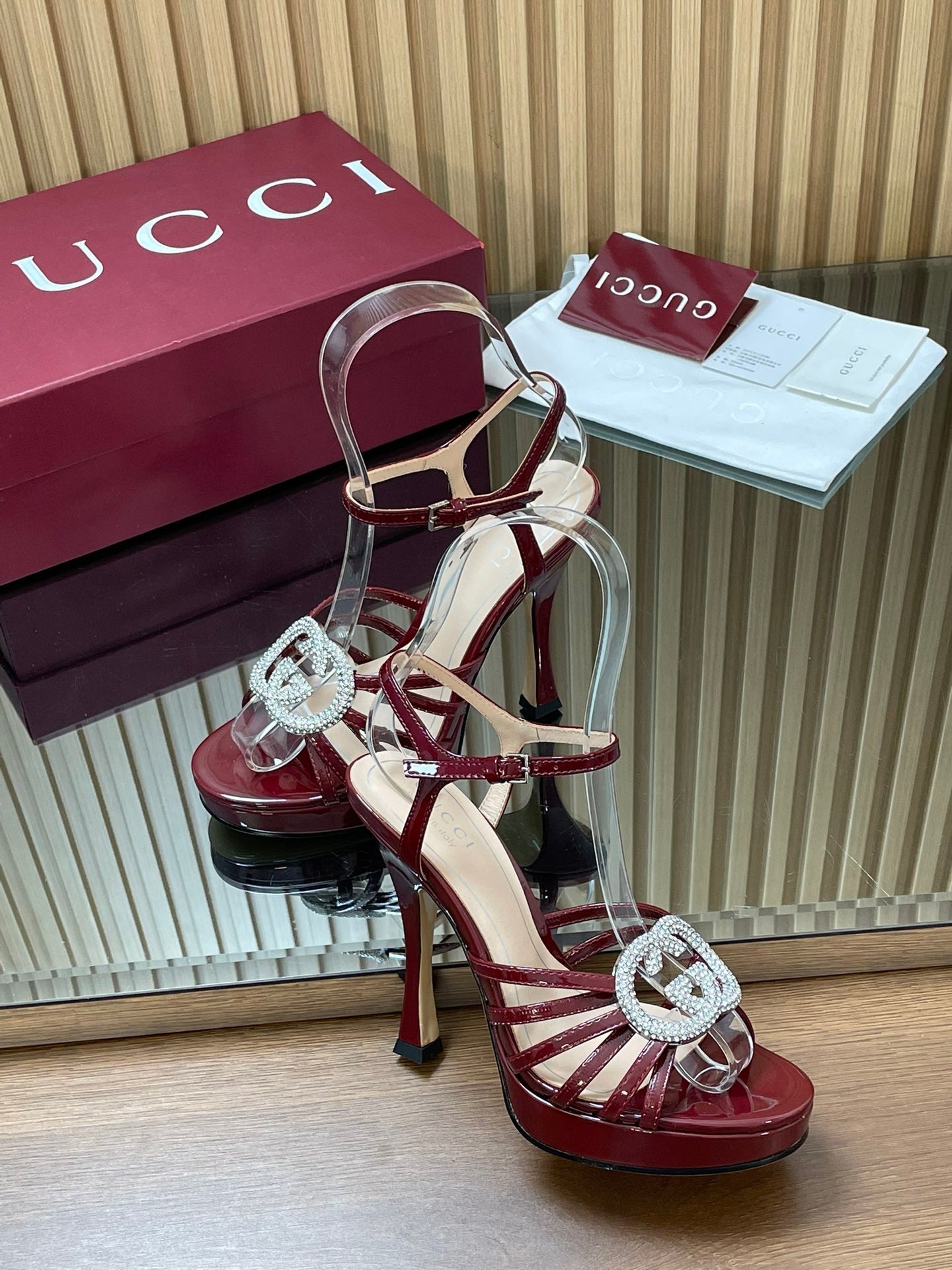 GUCCI 26S HIGH-HEELED SANDALS 125 MM IN DARK RED CALFSKIN