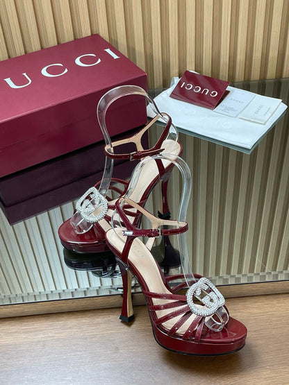 GUCCI 26S HIGH-HEELED SANDALS 125 MM IN DARK RED CALFSKIN
