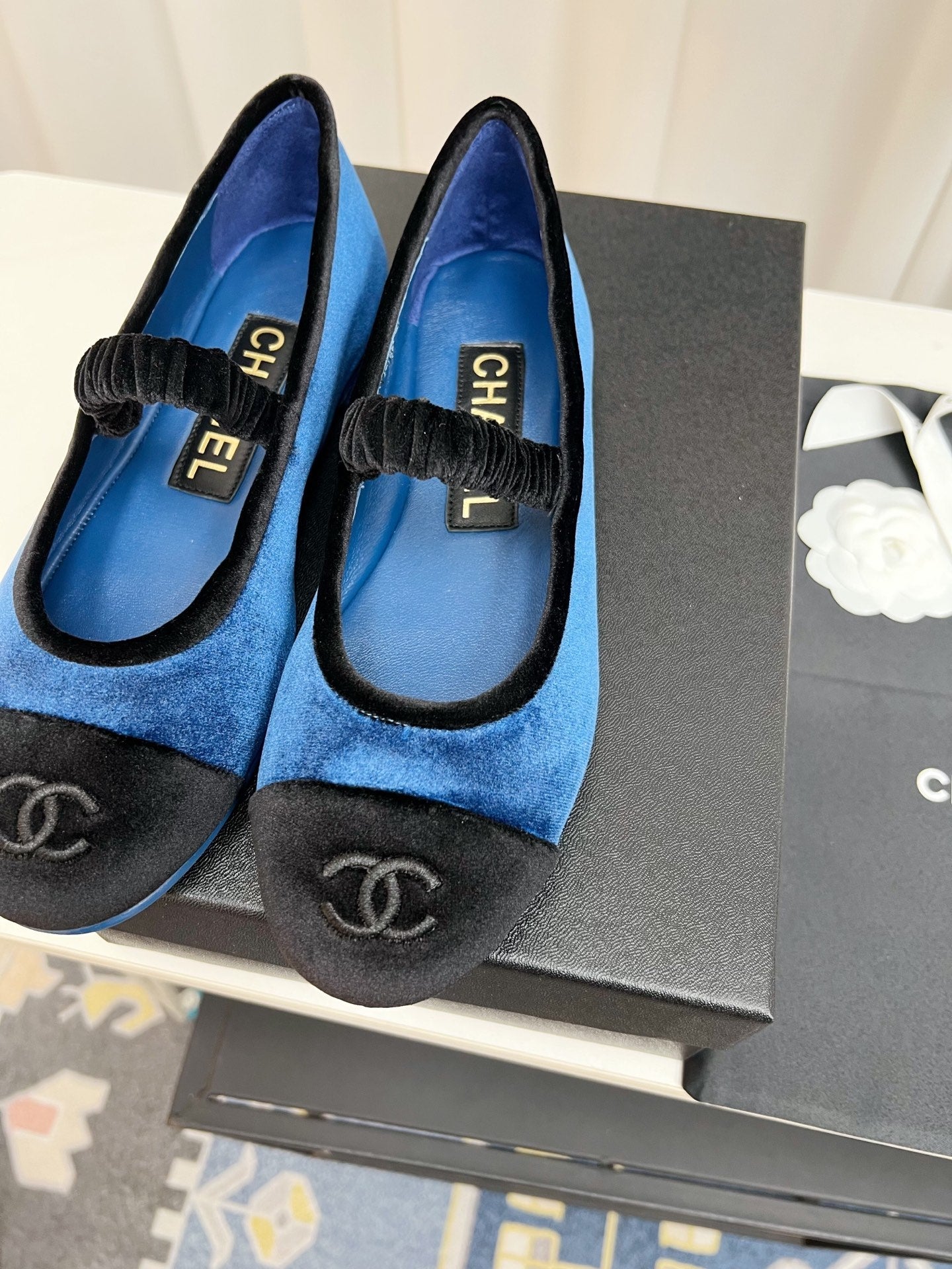 CC MARY JANE FLAT IN COBALT BLUE AND BLACK VELVET