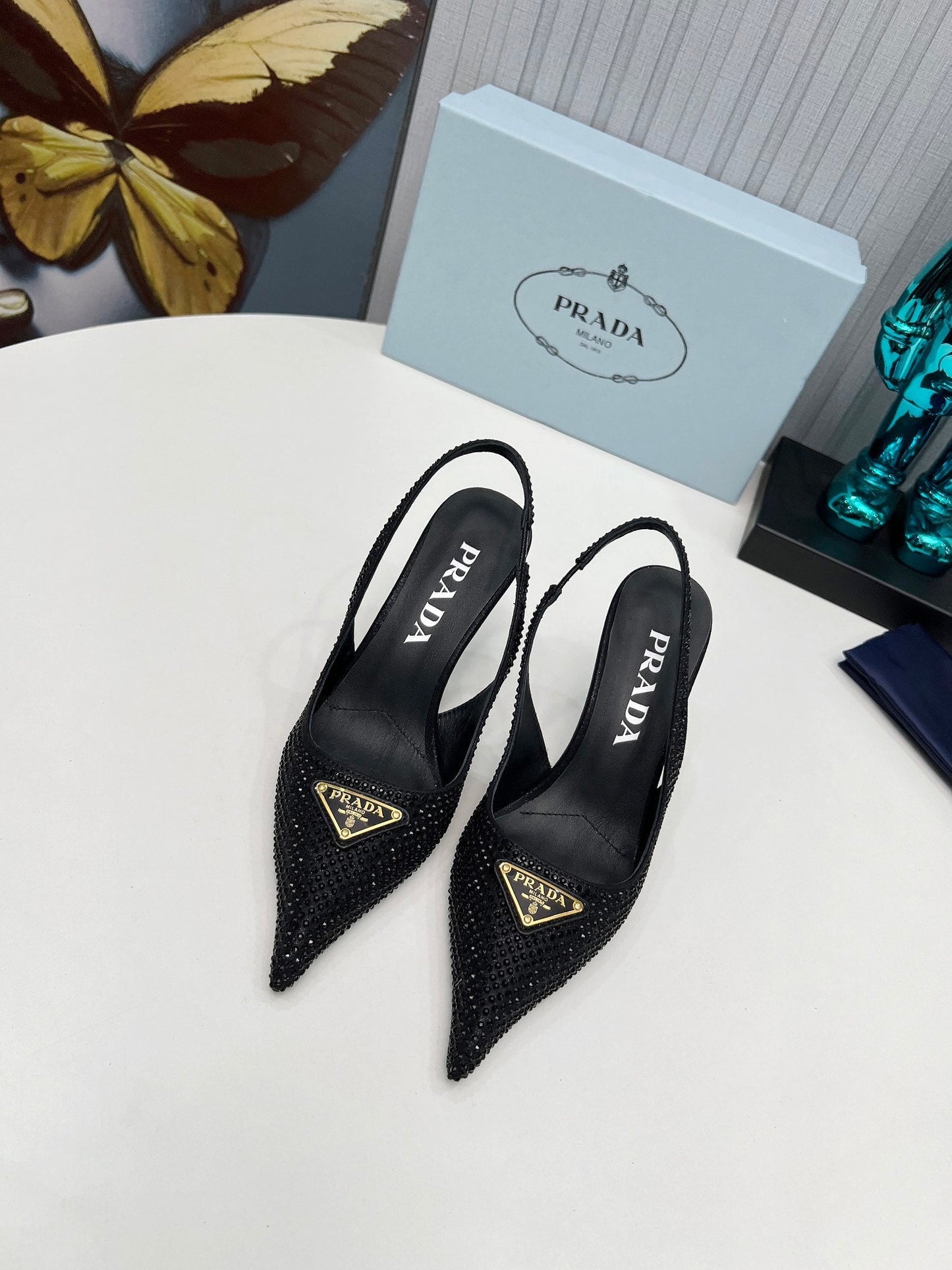 CRYSTAL SATIN HIGH-HEEL SLING BACK PUMPS BLACK