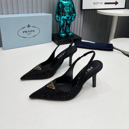 CRYSTAL SATIN HIGH-HEEL SLING BACK PUMPS BLACK