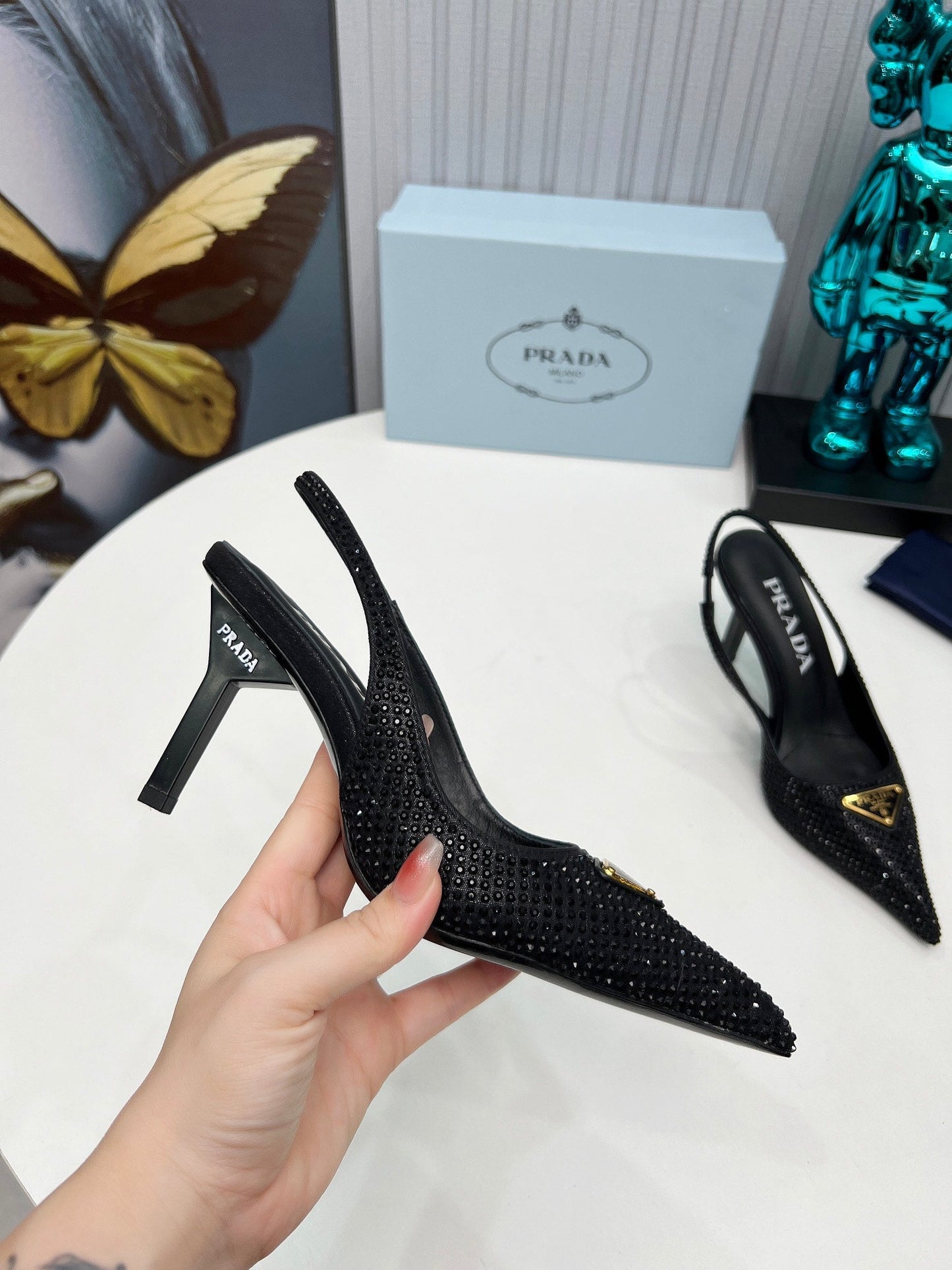 CRYSTAL SATIN HIGH-HEEL SLING BACK PUMPS BLACK