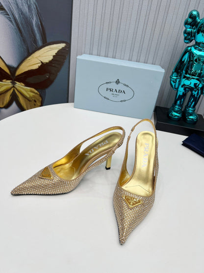 CRYSTAL SATIN HIGH-HEEL SLING BACK PUMPS GOLD