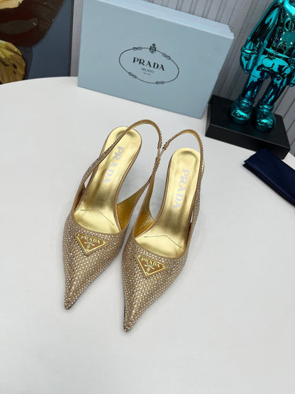 CRYSTAL SATIN HIGH-HEEL SLING BACK PUMPS GOLD