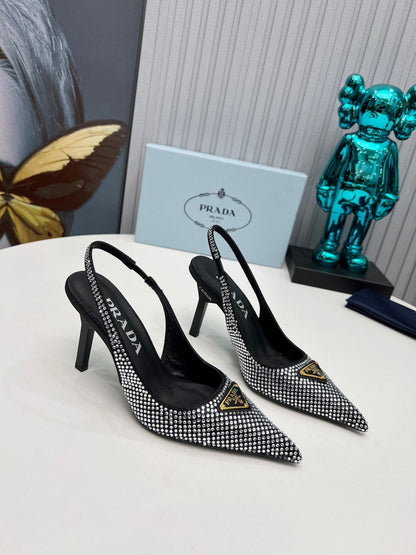 HIGH-HEEL SLING BACK PUMPS IN BLACK SATIN WITH WHITE CRYSTALS