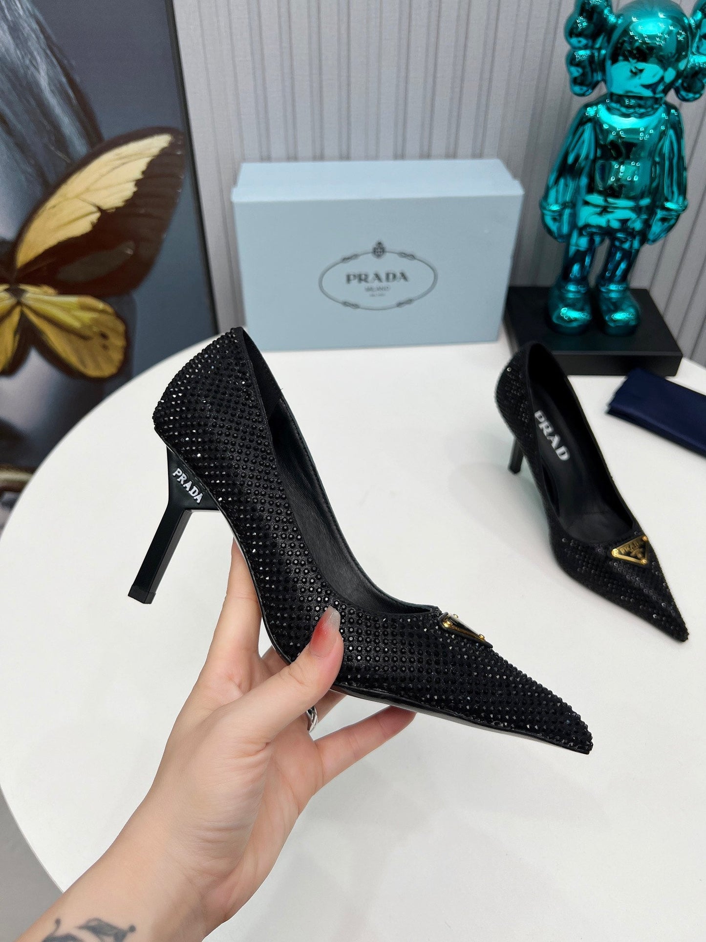 CRYSTAL HIGH-HEEL PUMPS IN BLACK SATIN WITH TRIANGLE LOGO