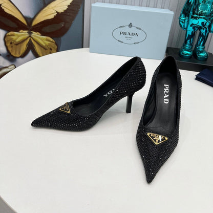 CRYSTAL HIGH-HEEL PUMPS IN BLACK SATIN WITH TRIANGLE LOGO