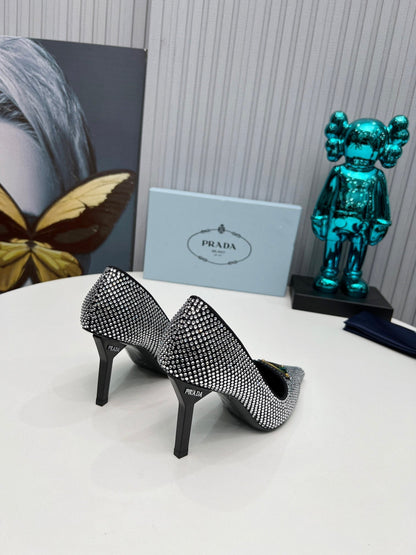 TRIANGLE LOGO HIGH-HEEL PUMPS IN BLACK SATIN WITH WHITE CRYSTALS