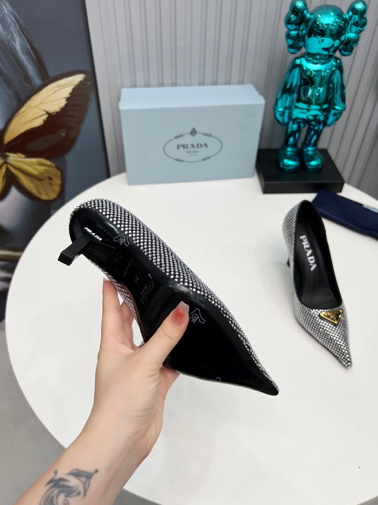 TRIANGLE LOGO HIGH-HEEL PUMPS IN BLACK SATIN WITH WHITE CRYSTALS