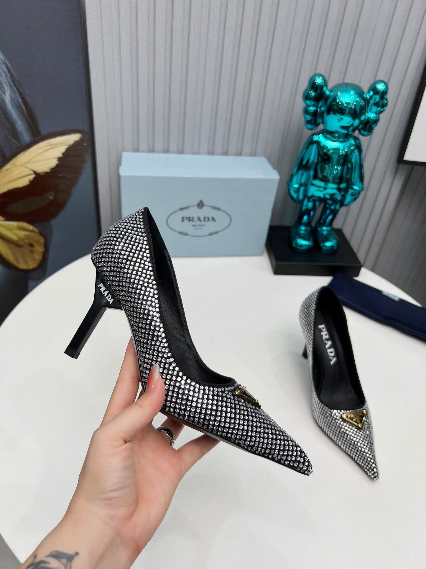 TRIANGLE LOGO HIGH-HEEL PUMPS IN BLACK SATIN WITH WHITE CRYSTALS